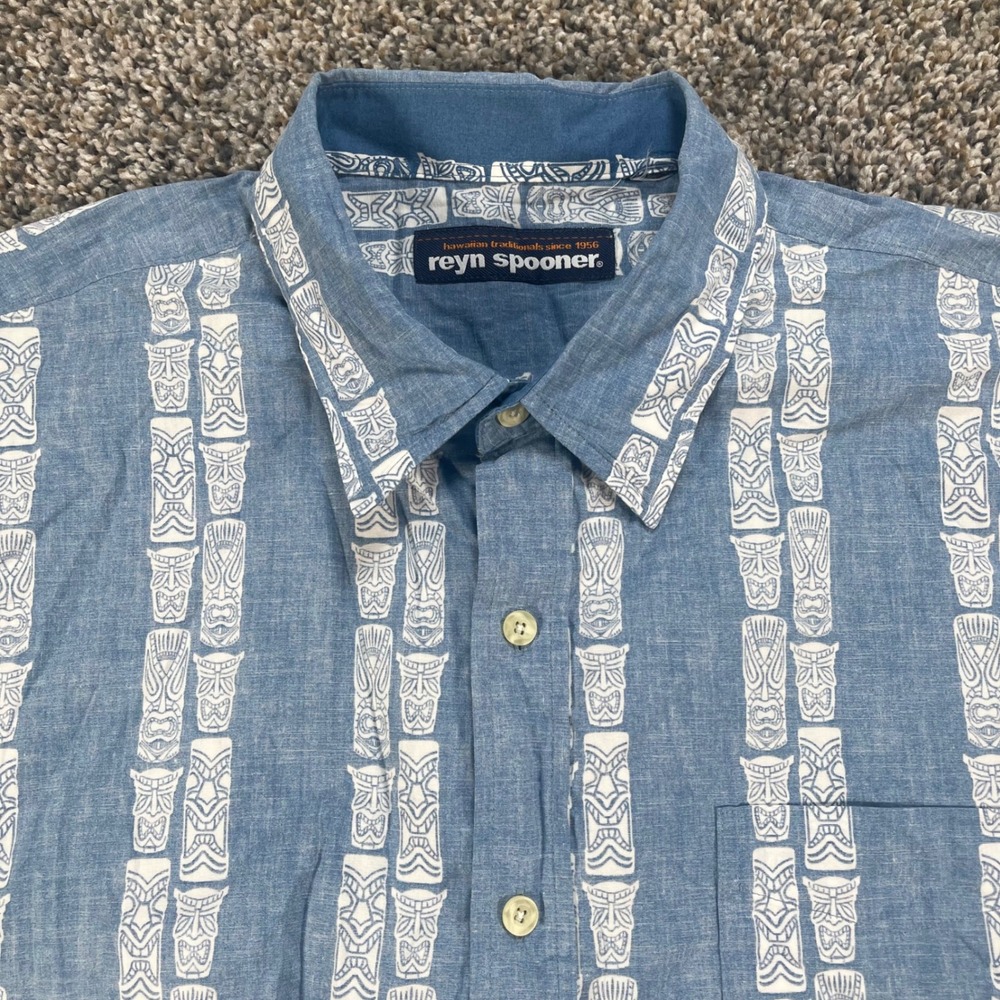 Reyn Spooner Mens XL Blue Tiki Mask Stripe Short Sleeve Button Down Shirt